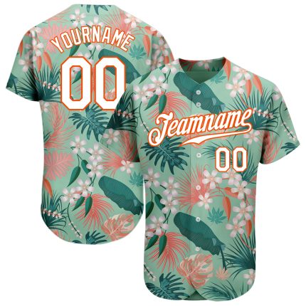 Custom Name and Number Hawaii Baseball Jersey with Teal White-Orange 3D Palm Leaves and Flowers Pattern Personalized Teal