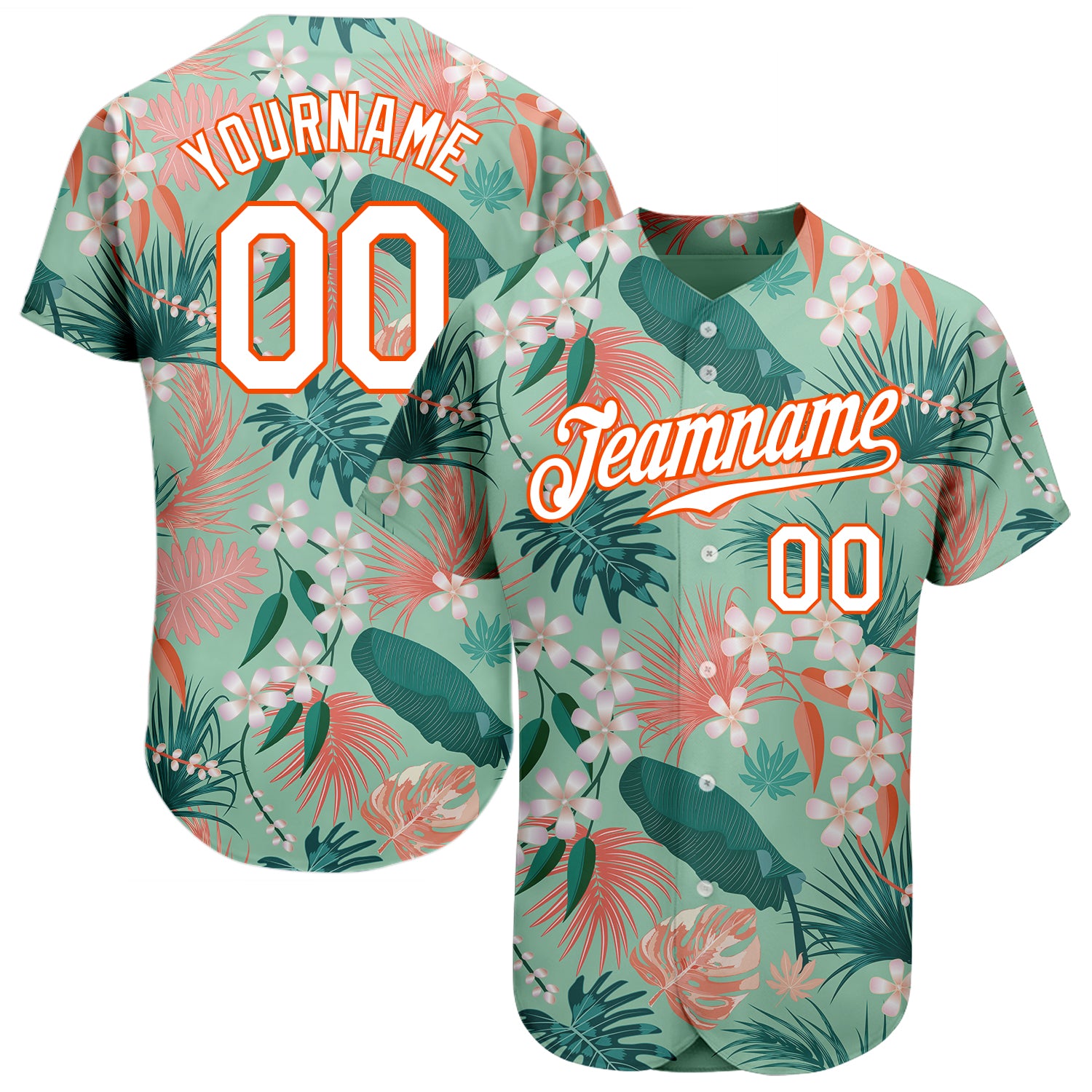 Custom Name and Number Hawaii Baseball Jersey with Teal White-Orange 3D Palm Leaves and Flowers Pattern Personalized Teal