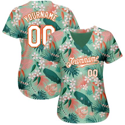 Custom Name and Number Hawaii Baseball Jersey with Teal White-Orange 3D Palm Leaves and Flowers Pattern Personalized Teal
