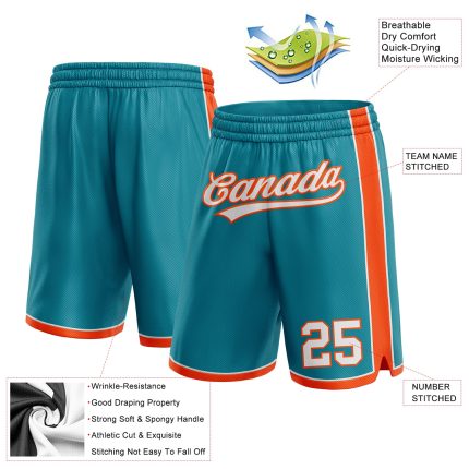 Custom Team Basketball Shorts - Personalized Authentic Teal White-Orange with Name & Number Personalized Teal White-Orange