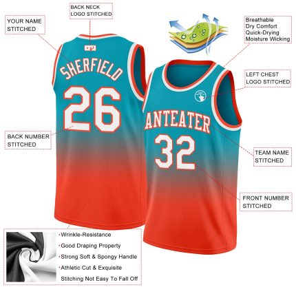 Custom Team Basketball Jersey - Personalized Teal White Orange Fade with Name & Number - Authentic Fashion Jersey Personalized