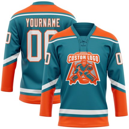 Custom Teal White-Orange Hockey Jersey with Personalized Name and Number - Team Apparel Personalized Teal White-Orange Hockey
