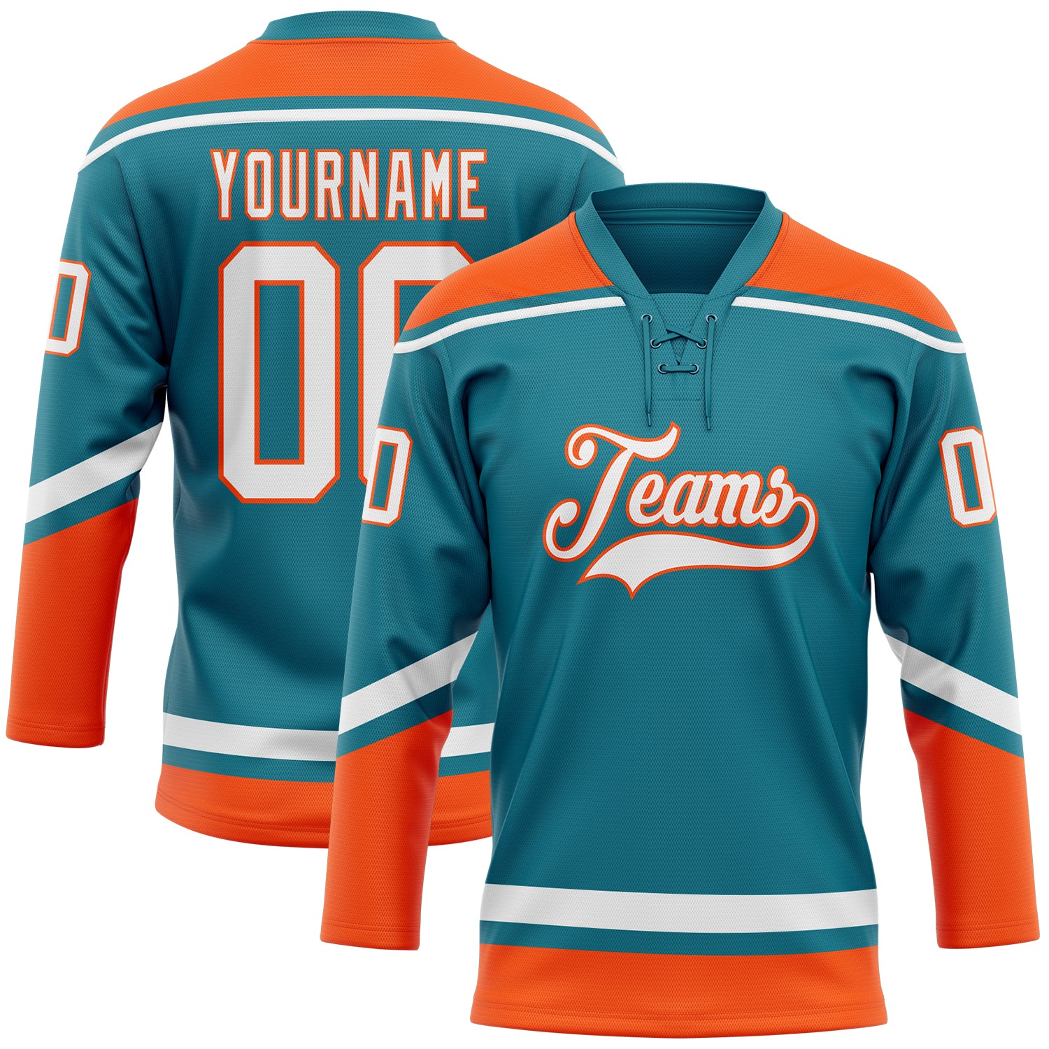 Custom Teal White-Orange Hockey Jersey with Personalized Name and Number - Team Apparel Personalized Teal White-Orange Hockey