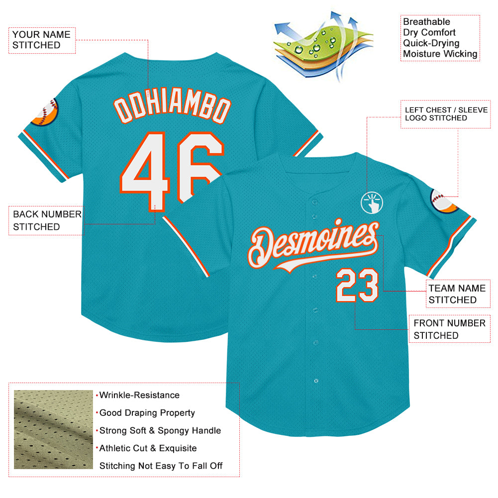 Personalized Teal White-Orange Mesh Authentic Throwback Baseball Jersey Team Custom Name and Number Custom Name and Number Personalized Teal White-Orange Throwback Baseball Jersey - Authentic Team Design Personalized Teal - Image 3