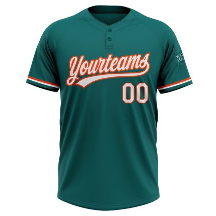 Custom Name and Number Unisex Softball Jersey - Personalized Teal White-Orange Two-Button Style Personalized Teal White-Orange