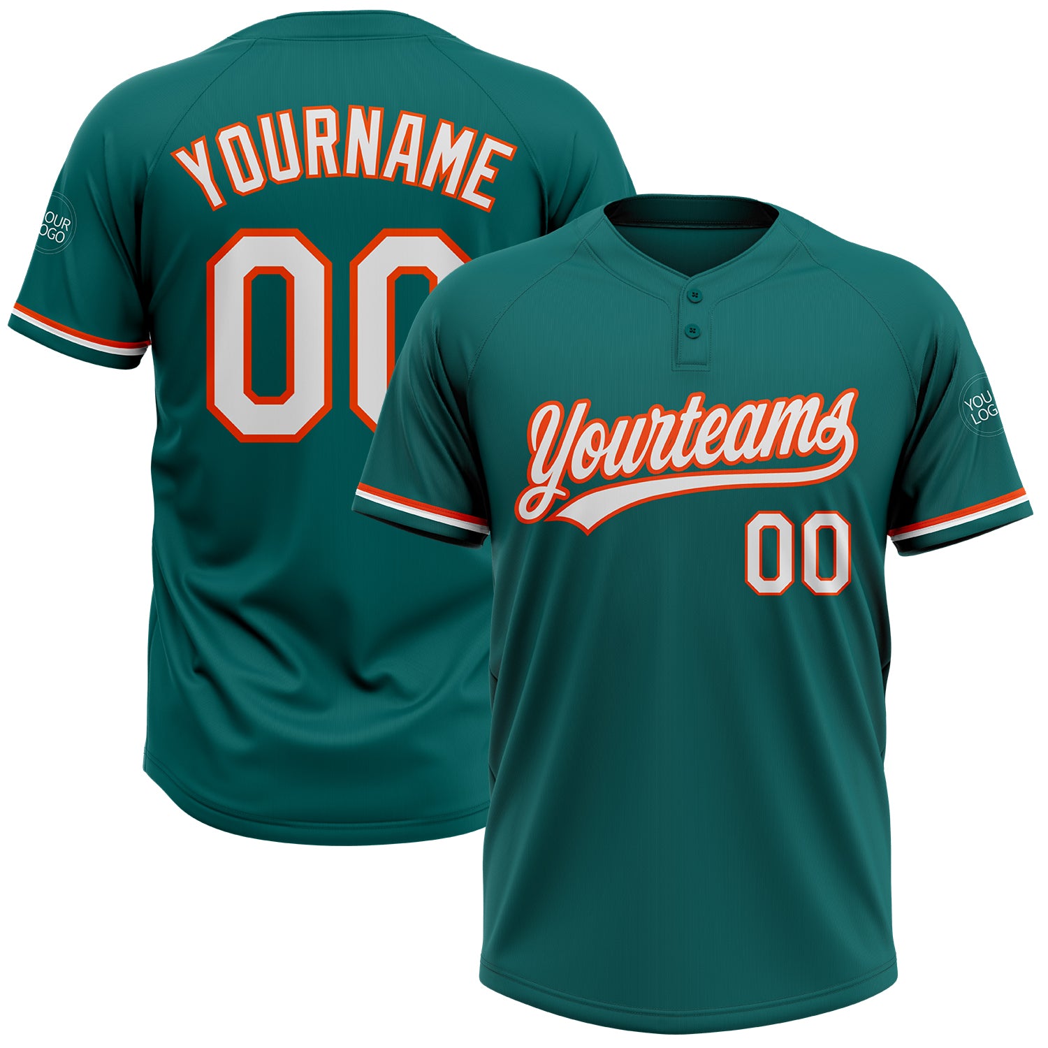 Custom Name and Number Unisex Softball Jersey - Personalized Teal White-Orange Two-Button Style Personalized Teal White-Orange