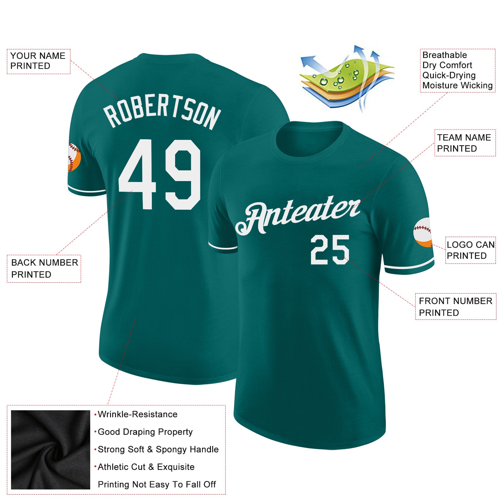 Personalized Teal White Performance T-Shirt Team Custom Name and Number Custom Team Performance T-Shirt with Personalized Name and Number in Teal and White Personalized Teal White Performance T-Shirt - Image 2