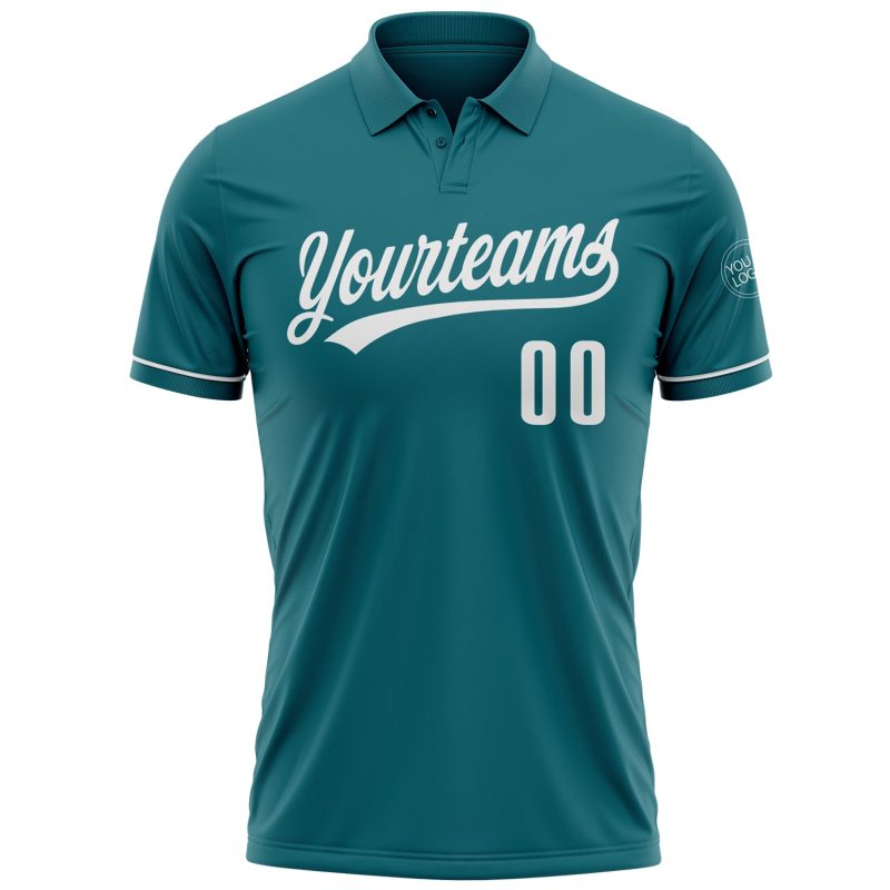 Custom Name & Number Personalized Teal White Performance Golf Polo Shirt for Team Use Personalized Teal White Performance
