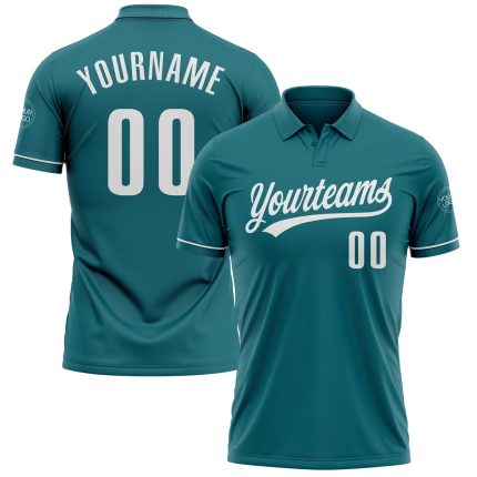 Custom Name & Number Personalized Teal White Performance Golf Polo Shirt for Team Use Personalized Teal White Performance