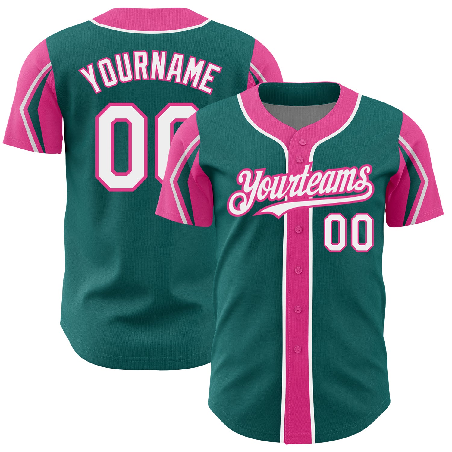 Custom Team Baseball Jersey - Personalized Teal White Pink Colors, Arm Shapes, with Name & Number Personalized Teal White-Pink