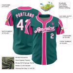Custom Team Baseball Jersey - Personalized Teal White Pink Colors, Arm Shapes, with Name & Number Personalized Teal White-Pink