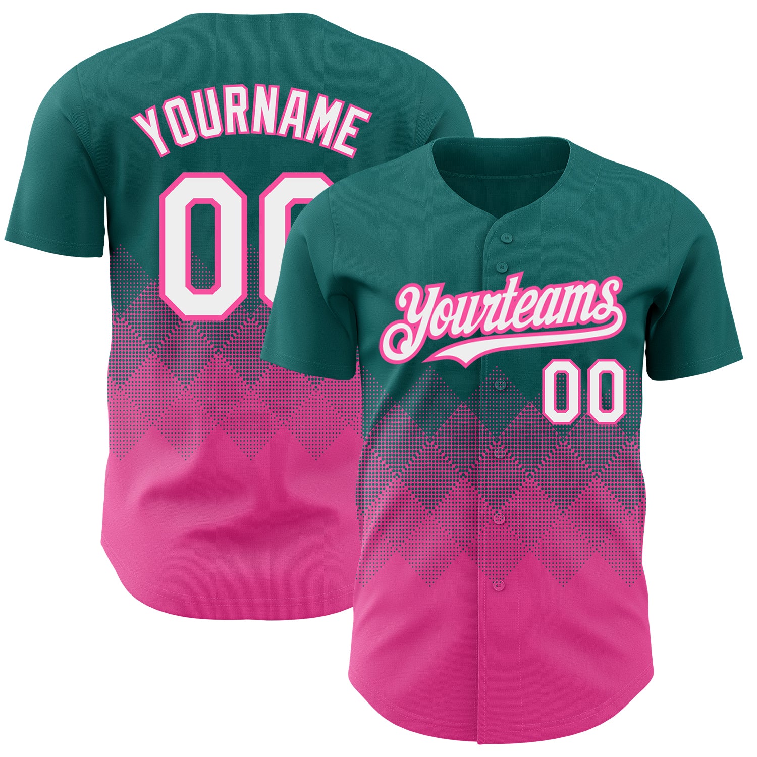 Custom Personalized Gradient Baseball Jersey with Teal White-Pink 3D Square Pattern, Team Name and Number included Personalized