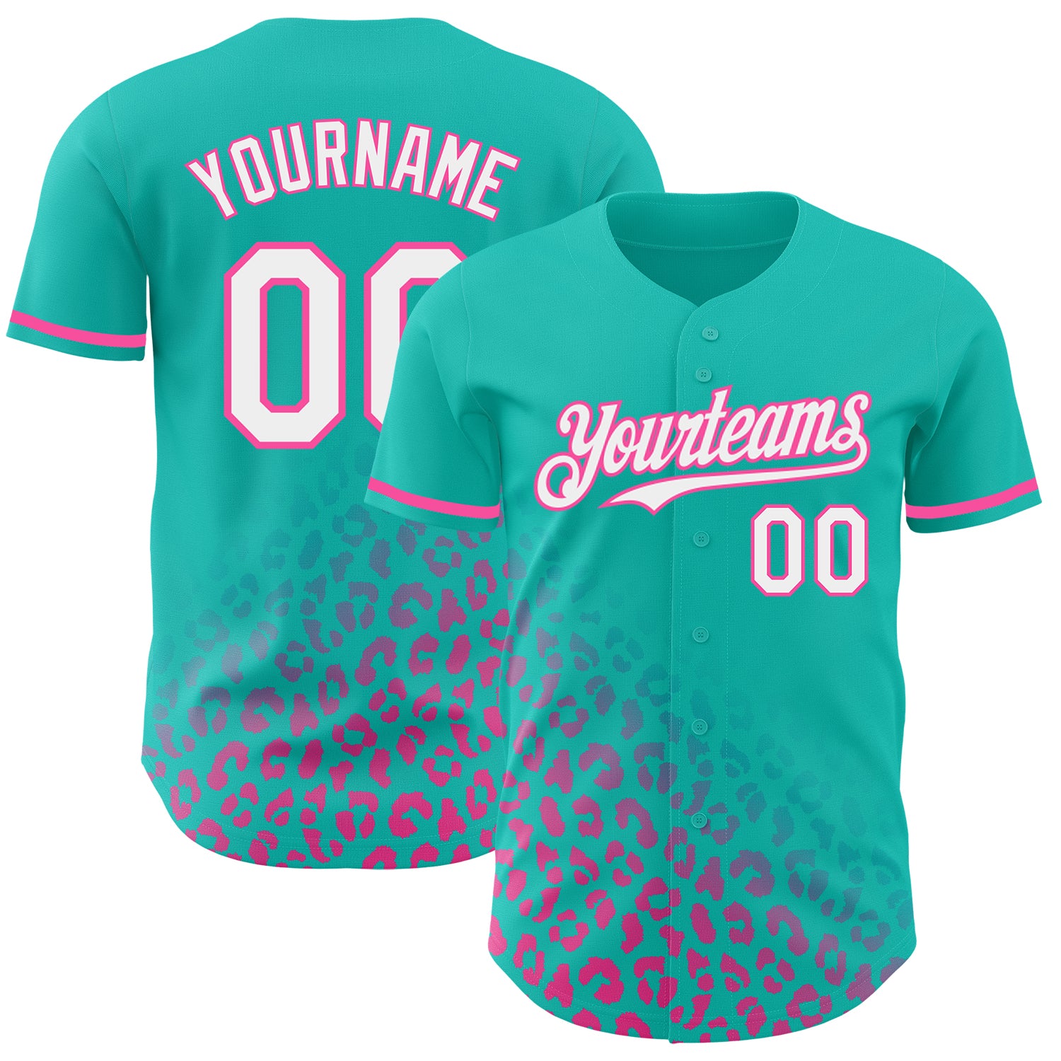 Custom Leopard Print Baseball Jersey - Teal White-Pink 3D Pattern Design, Fashion Authentic Style Personalized Teal White-Pink