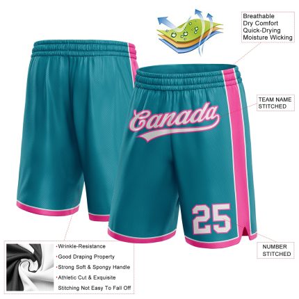 Custom Personalized Basketball Shorts with Team Name and Number - Teal White Pink Personalized Teal White-Pink Authentic