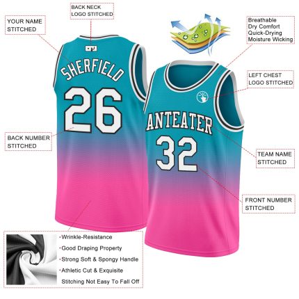 Custom Name and Number Basketball Jersey - Personalized Teal White-Pink Authentic Fade Fashion Jersey Personalized Teal White-Pink