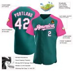 Custom Team Baseball Jersey with Personalized Name and Number - Teal White Pink Authentic Raglan Sleeves Personalized Teal