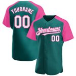 Custom Team Baseball Jersey with Personalized Name and Number - Teal White Pink Authentic Raglan Sleeves Personalized Teal