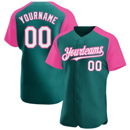 Custom Team Baseball Jersey with Personalized Name and Number - Teal White Pink Authentic Raglan Sleeves Personalized Teal