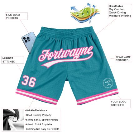 Custom Name Number Basketball Shorts - Personalized Teal White Pink Authentic Throwback Design Personalized Teal White-Pink