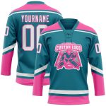 Custom Name and Number Teal White-Pink Hockey Jersey - Personalized Lace Neck Team Apparel Personalized Teal White-Pink Hockey