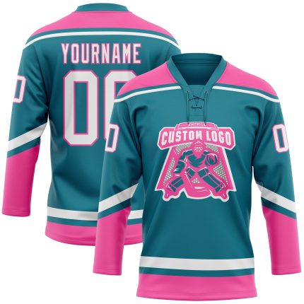 Custom Name and Number Teal White-Pink Hockey Jersey - Personalized Lace Neck Team Apparel Personalized Teal White-Pink Hockey