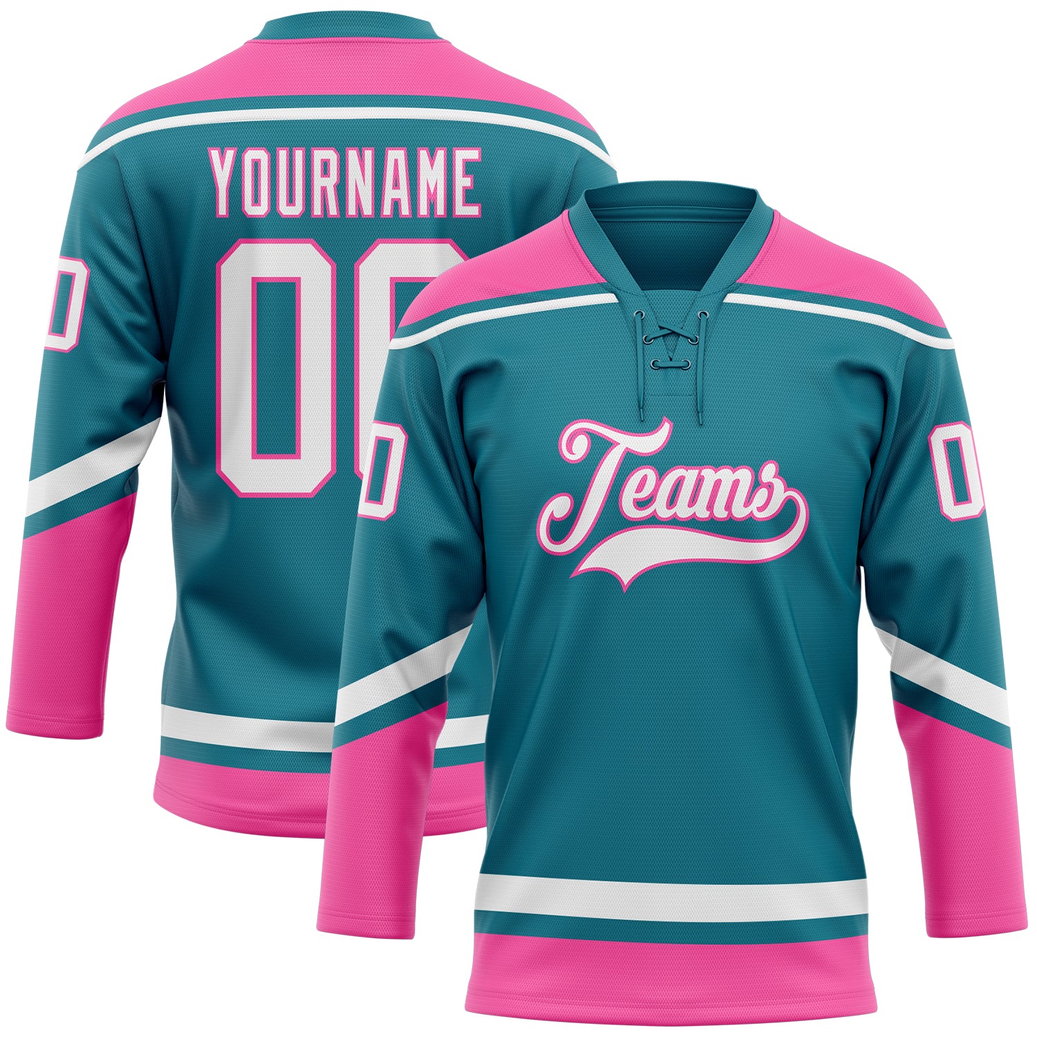 Custom Name and Number Teal White-Pink Hockey Jersey - Personalized Lace Neck Team Apparel Personalized Teal White-Pink Hockey