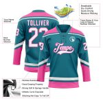 Custom Name and Number Teal White-Pink Hockey Jersey - Personalized Lace Neck Team Apparel Personalized Teal White-Pink Hockey