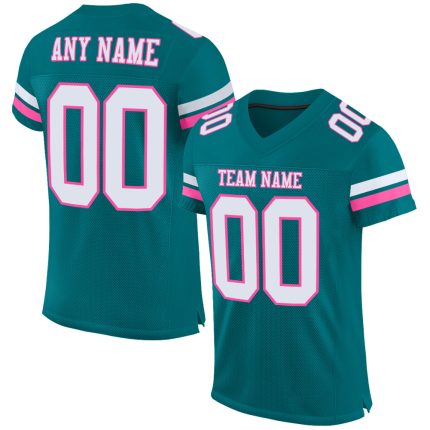 Personalized Teal Pink White Mesh Authentic Football Jersey for Kids and Adults Personalized Teal White-Pink Mesh Authentic