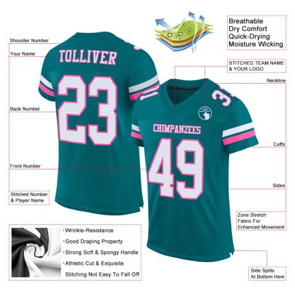 Personalized Teal Pink White Mesh Authentic Football Jersey for Kids and Adults Personalized Teal White-Pink Mesh Authentic