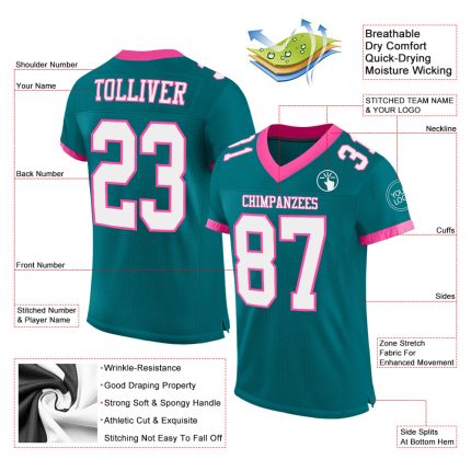 Custom Mesh Football Jersey - Personalized Teal White-Pink Team Jersey with Name and Number Personalized Teal White-Pink