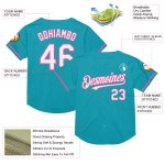 Customizable Teal White-Pink Baseball Jersey with Team Name and Number - Authentic Throwback Design Personalized Teal White-Pink