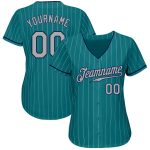 Custom Name and Number Authentic Baseball Jersey in Teal White Pinstripe and Gray-Navy Personalized Teal White Pinstripe