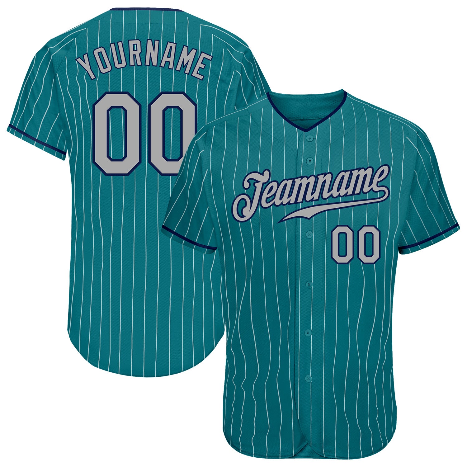 Custom Name and Number Authentic Baseball Jersey in Teal White Pinstripe and Gray-Navy Personalized Teal White Pinstripe