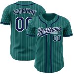 Custom Team Authentic Baseball Jersey - Personalized Navy Teal White Pinstripe with Name and Number Personalized Teal White