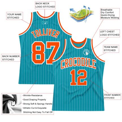 Custom Team Basketball Jersey - Personalized Teal White Pinstripe with Orange Name & Number Personalized Teal White Pinstripe