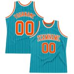 Custom Team Basketball Jersey - Personalized Teal White Pinstripe with Orange Name & Number Personalized Teal White Pinstripe