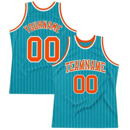 Custom Team Basketball Jersey - Personalized Teal White Pinstripe with Orange Name & Number Personalized Teal White Pinstripe