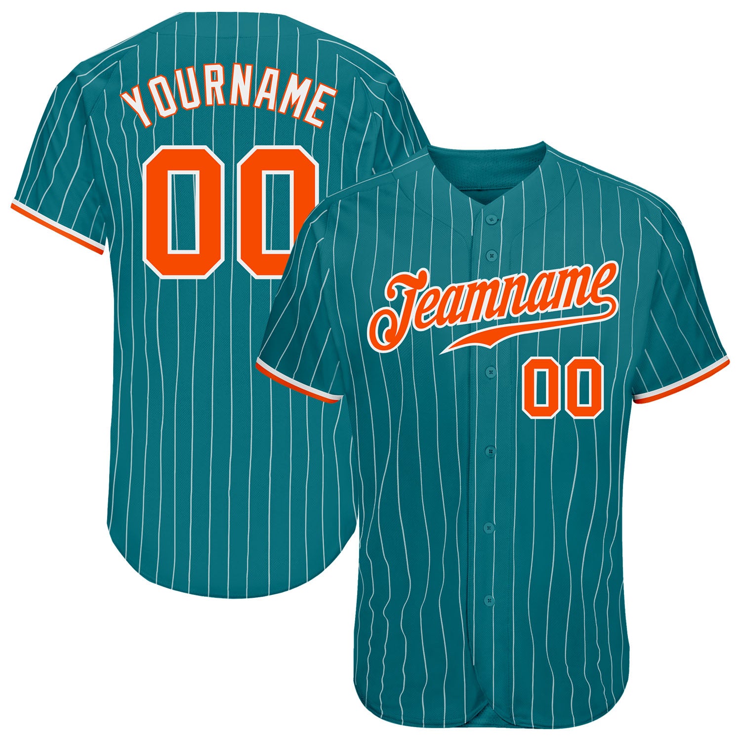 Custom Name and Number Authentic Baseball Jersey - Personalized Teal White Orange-White Pinstripe Design Personalized Teal