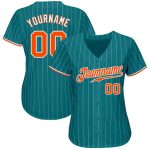 Custom Name and Number Authentic Baseball Jersey - Personalized Teal White Orange-White Pinstripe Design Personalized Teal
