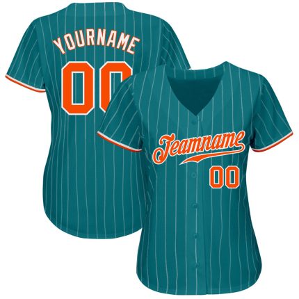 Custom Name and Number Authentic Baseball Jersey - Personalized Teal White Orange-White Pinstripe Design Personalized Teal
