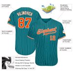 Custom Name and Number Authentic Baseball Jersey - Personalized Teal White Orange-White Pinstripe Design Personalized Teal