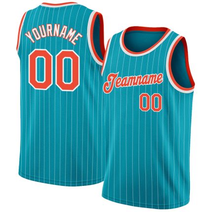 Custom Team Basketball Jersey with Personalized Name and Number - Teal White Pinstripe Orange-White Authentic Design Personalized