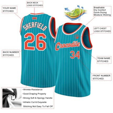 Custom Team Basketball Jersey with Personalized Name and Number - Teal White Pinstripe Orange-White Authentic Design Personalized