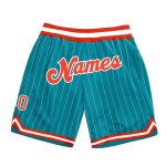 Custom Team Basketball Shorts with Name and Number - Teal White Pinstripe Orange-White Authentic Performance Wear Personalized
