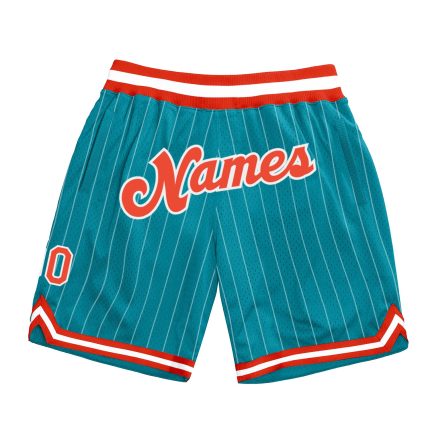 Custom Team Basketball Shorts with Name and Number - Teal White Pinstripe Orange-White Authentic Performance Wear Personalized