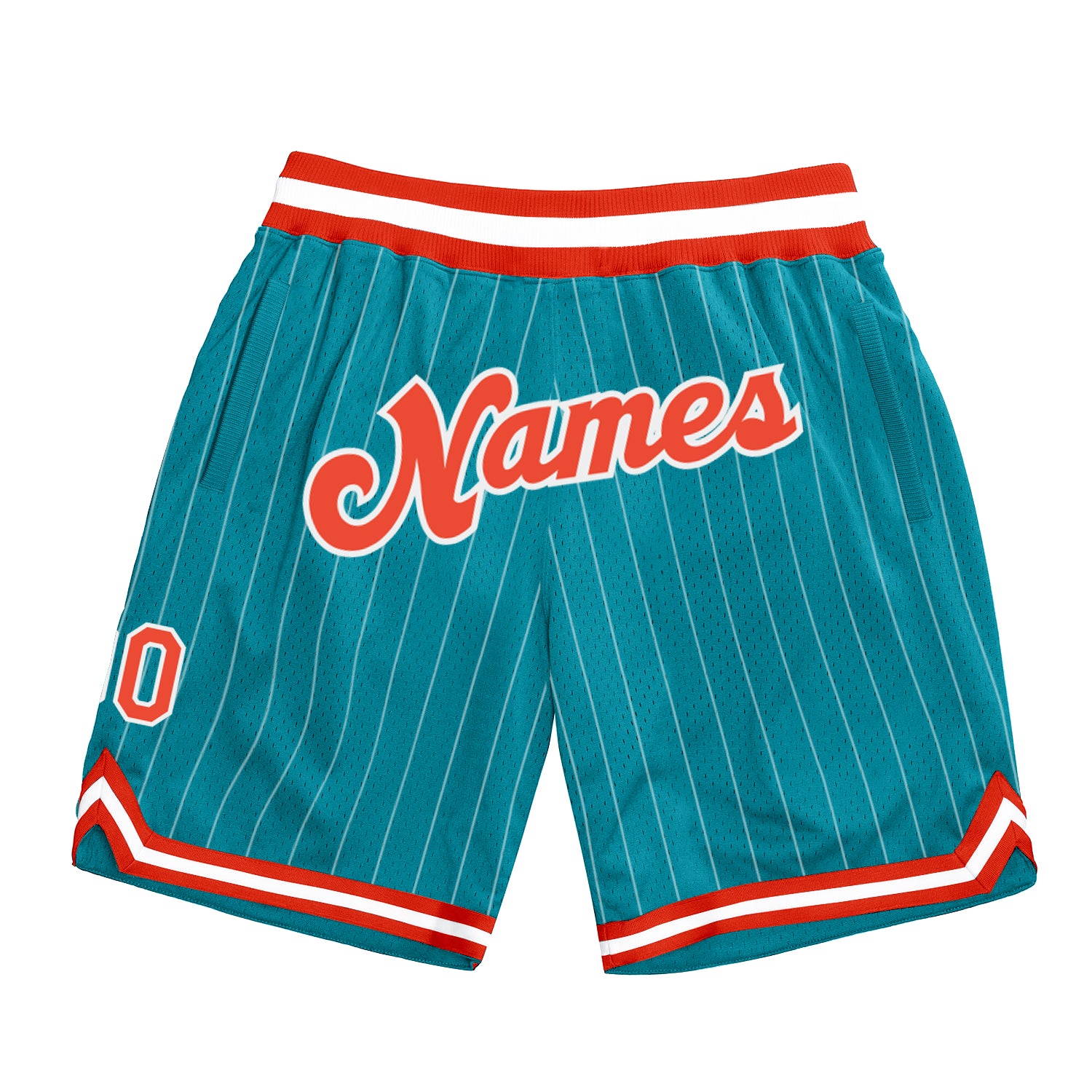 Custom Team Basketball Shorts with Name and Number - Teal White Pinstripe Orange-White Authentic Performance Wear Personalized