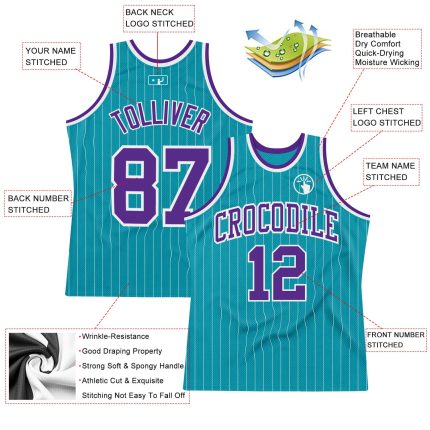 Custom Name Number Authentic Basketball Jersey Teal White Pinstripe Purple - Personalized Team Jersey Personalized Teal White