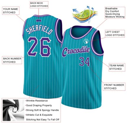 Custom Basketball Jersey - Personalized Purple White Teal Pinstripe with Name & Number - Authentic Team Design Personalized