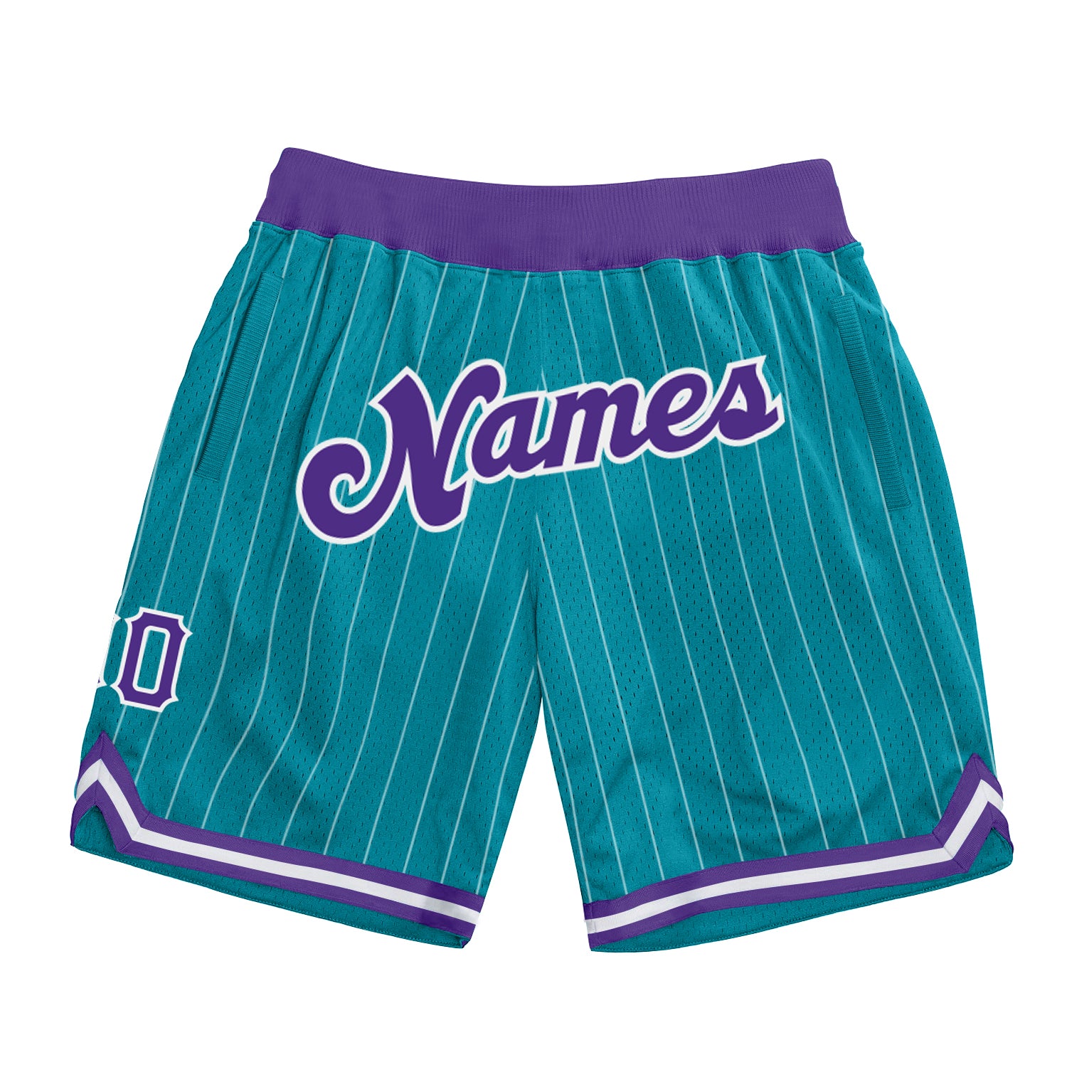 Custom Personalized Basketball Shorts with Team Name and Number - Teal White Pinstripe Purple White Personalized Teal White