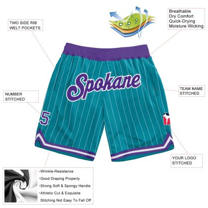 Custom Personalized Basketball Shorts with Team Name and Number - Teal White Pinstripe Purple White Personalized Teal White